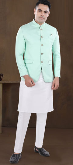 Green color Jodhpuri Suit in Silk fabric with Thread work