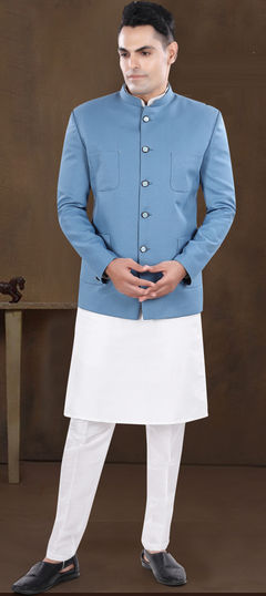 Blue color Jodhpuri Suit in Silk fabric with Thread work
