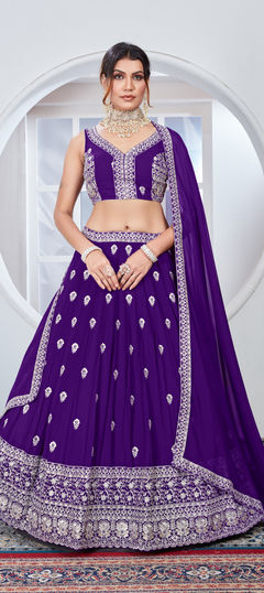 Bridal, Wedding Purple and Violet color Lehenga in Faux Georgette fabric with Flared Embroidered, Sequence, Thread work : 1957664