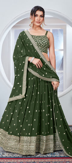 Bridal, Wedding Green color Lehenga in Faux Georgette fabric with Flared Embroidered, Sequence, Thread work : 1957666