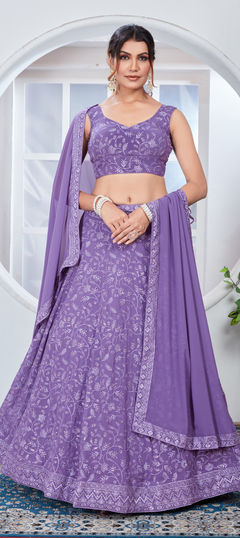 Bridal, Wedding Purple and Violet color Lehenga in Faux Georgette fabric with Flared Embroidered, Sequence, Thread work : 1957667