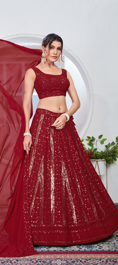 Bridal, Wedding Red and Maroon color Lehenga in Faux Georgette fabric with Flared Embroidered, Sequence, Thread work : 1957668