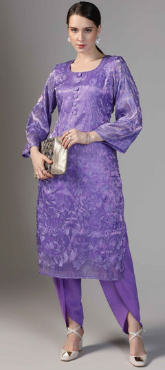 Purple and Violet color Salwar Kameez in Organza Silk fabric with Aari, Embroidered work