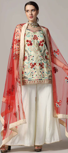 White and Off White color Salwar Kameez in Raw Silk fabric with Aari, Resham, Thread work