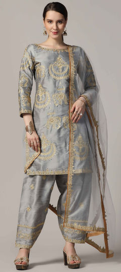 Black and Grey color Salwar Kameez in Raw Silk fabric with Aari, Embroidered, Zari work