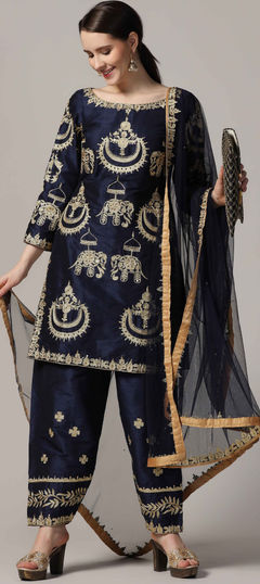 Blue color Salwar Kameez in Raw Silk fabric with Aari, Embroidered, Zari work