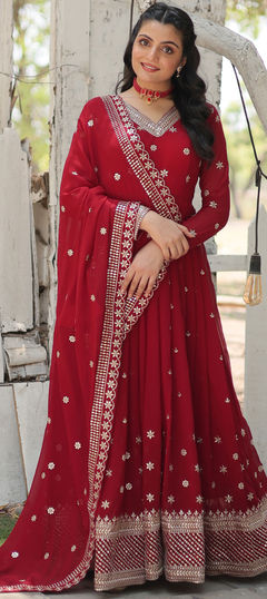 Festive, Reception Red and Maroon color Gown in Georgette fabric with Embroidered, Sequence work : 1957710