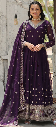 Festive, Reception Purple and Violet color Gown in Georgette fabric with Embroidered, Sequence work : 1957711