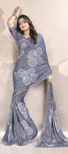 Black and Grey color Saree in Georgette fabric with Printed work