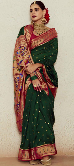 Green color Saree in Art Silk fabric with Bandhej, Weaving work