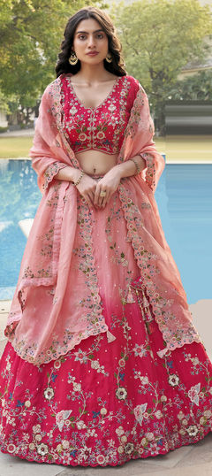 Bridal, Wedding Pink and Majenta color Lehenga in Organza Silk fabric with Flared Embroidered, Resham, Sequence, Thread work : 1957814