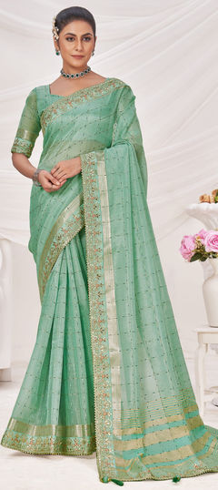 Green color Saree in Banarasi Silk fabric with Border, Sequence, Zari work