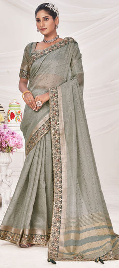 Black and Grey color Saree in Banarasi Silk fabric with Border, Embroidered, Sequence, Zari work