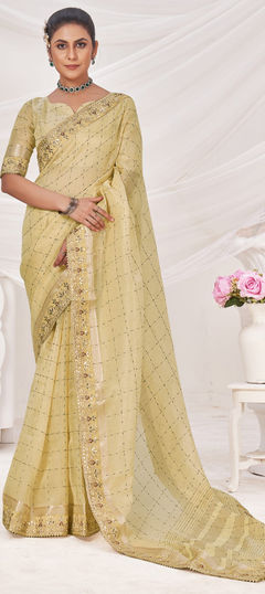 Reception, Traditional, Wedding Yellow color Saree in Banarasi Silk fabric with South Border, Embroidered, Sequence, Zari work : 1957818