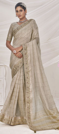 White and Off White color Saree in Banarasi Silk fabric with Border, Embroidered, Sequence, Zari work