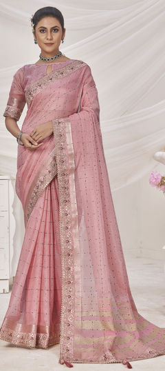 Reception, Traditional, Wedding Pink and Majenta color Saree in Banarasi Silk fabric with South Border, Embroidered, Sequence, Zari work : 1957820