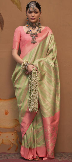 Party Wear, Traditional Green color Saree in Handloom fabric with Bengali Weaving work : 1957900