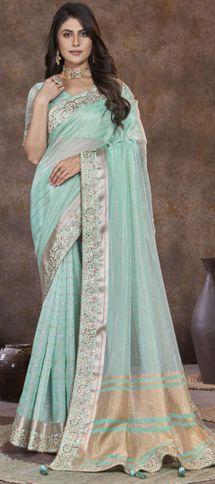 Engagement, Traditional, Wedding Green color Saree in Silk fabric with South Border, Sequence, Weaving work : 1957913