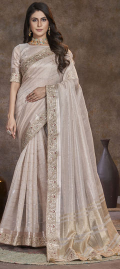 White and Off White color Saree in Silk fabric with Border, Sequence, Weaving work