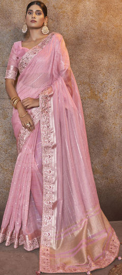 Engagement, Traditional, Wedding Pink and Majenta color Saree in Silk fabric with South Border, Sequence, Weaving work : 1957915