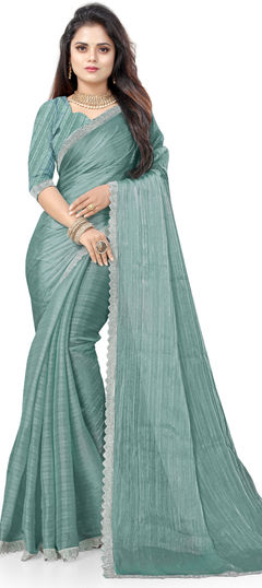 Reception, Traditional, Wedding Blue color Saree in Silk fabric with South Bugle Beads, Lace, Thread work : 1957916