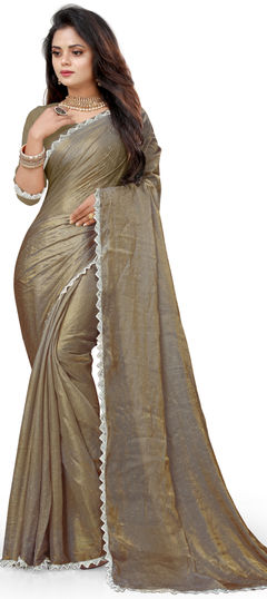 Reception, Traditional, Wedding Gold color Saree in Silk fabric with South Bugle Beads, Lace, Thread work : 1957920