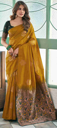 Gold color Saree in Art Silk fabric with Weaving work