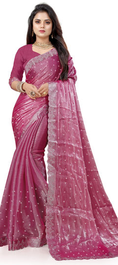 Reception, Traditional, Wedding Pink and Majenta color Saree in Silk fabric with South Stone work : 1957925