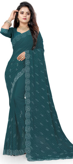 Festive, Party Wear Blue color Saree in Faux Georgette fabric with Classic Fancy Work work : 1957926