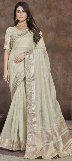 Engagement, Traditional, Wedding Green color Saree in Silk fabric with South Border, Sequence, Weaving work : 1957932