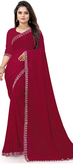 Festive, Party Wear Red and Maroon color Saree in Faux Georgette fabric with Classic Fancy Work work : 1957934