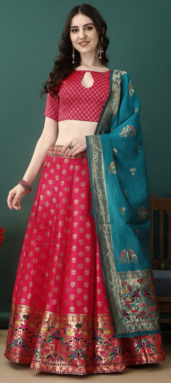 Festive, Party Wear Pink and Majenta color Lehenga in Jacquard fabric with Flared Weaving, Zari work : 1957945