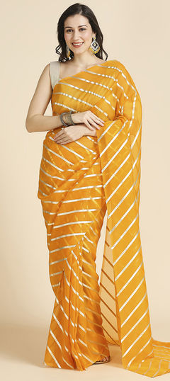 Yellow color Saree in Organza Silk fabric with Lehariya, Printed work