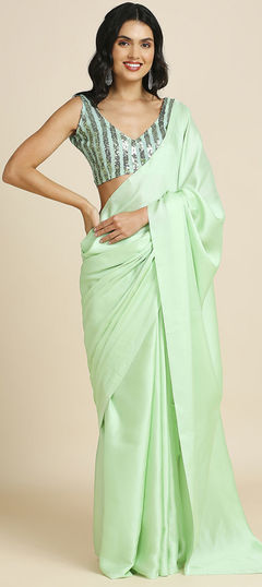 Festive, Traditional Green color Saree in Satin Silk fabric with Classic Sequence work : 1957963