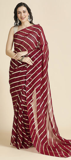 Red and Maroon color Saree in Organza Silk fabric with Lehariya, Printed work