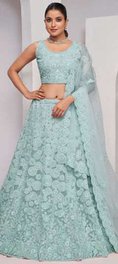 Bridal, Wedding Blue color Lehenga in Net fabric with Flared Sequence, Thread, Zircon work : 1957982