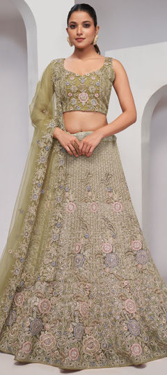 Bridal, Wedding Green color Lehenga in Net fabric with Flared Sequence, Thread, Zircon work : 1957983