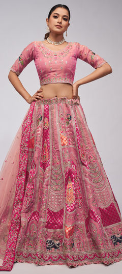 Bridal, Wedding Pink and Majenta color Lehenga in Silk fabric with Flared Patch, Sequence, Thread, Zircon work : 1957987