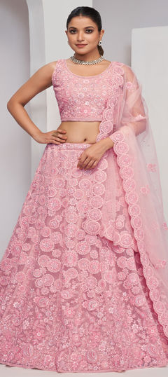 Bridal, Wedding Pink and Majenta color Lehenga in Net fabric with Flared Mirror, Resham, Sequence, Thread, Zari, Zircon work : 1957990