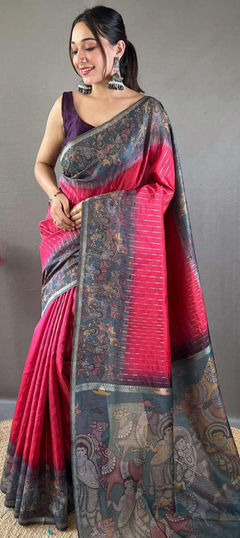 Pink and Majenta color Saree in Chanderi Silk fabric with Printed work