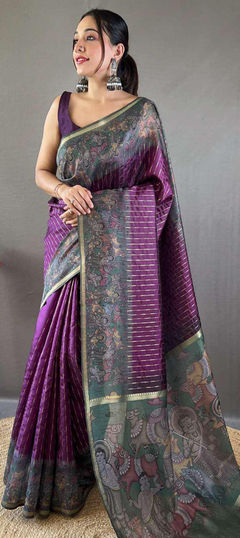 Purple and Violet color Saree in Chanderi Silk fabric with Printed work