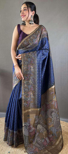 Festive, Traditional Black and Grey, Blue color Saree in Chanderi Silk fabric with South Printed work : 1957994