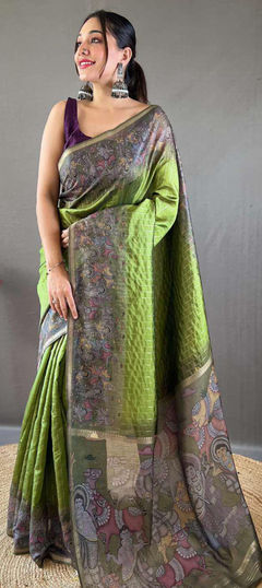 Green color Saree in Chanderi Silk fabric with Printed work