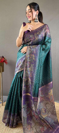 Blue color Saree in Chanderi Silk fabric with Printed work