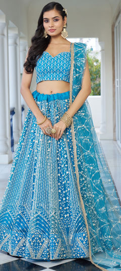 Blue color Lehenga in Net fabric with Embroidered, Sequence, Thread work