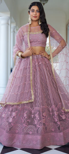 Pink and Majenta color Lehenga in Net fabric with Embroidered, Sequence, Thread work