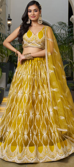 Yellow color Lehenga in Net fabric with Embroidered, Sequence, Thread work