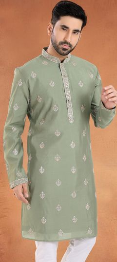 Green color Kurta in Silk fabric with Embroidered, Sequence, Thread work