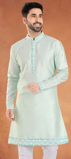 Green color Kurta in Silk fabric with Patch, Stone work