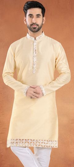 Beige and Brown color Kurta in Silk fabric with Patch, Stone work